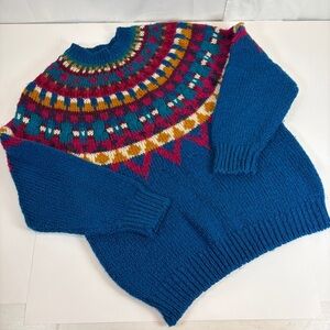 Ivy Hand Knit Fair Isle Yoke Sweater Blue Cottagecore Size Medium